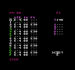 Phrase editor showing notes, instruments, and FX columns