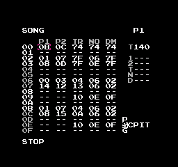 Song arrangement screen showing chains across PU1, PU2, TR, NO, and DM channels